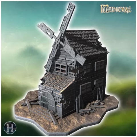 Old wooden windmill with broken blades, damaged walls, and scattered debris on a rocky base (25) - Medieval Gothic Feudal Old Archaic Saga 28mm 15mm RPG by Hartolia Miniatures