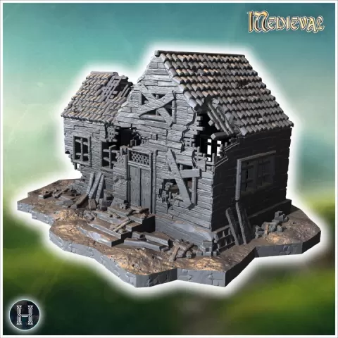 Ruined building with collapsed roof, broken walls, and scattered wooden planks (20) - Medieval Gothic Feudal Old Archaic Saga 28mm 15mm RPG by Hartolia Miniatures