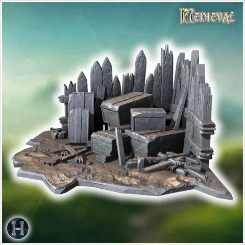 Pile of broken crates, wooden planks, and debris against a fortified spiked barricade (4) - Medieval Gothic Feudal Old Archaic Saga 28mm 15mm RPG by Hartolia Miniatures