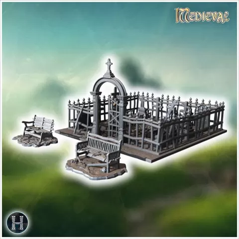 Gothic-style graveyard with spiked fences, benches, and a detailed entry arch (15) - Medieval Gothic Feudal Old Archaic Saga 28mm 15mm RPG by Hartolia Miniatures