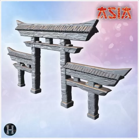 Torii gate with three arched sections and detailed textured wooden beams (4) - Asian Asia Oriental Angkor Ninja Traditionnal RPG Mini by Hartolia Miniatures