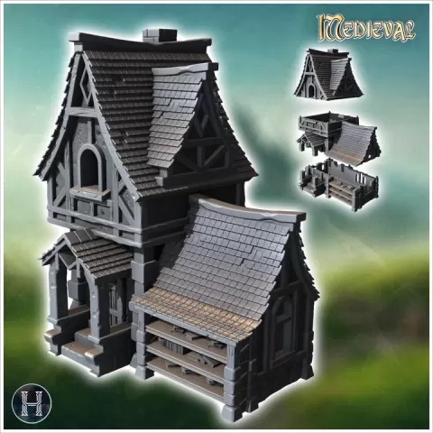 Elaborate two-story medieval house with a balcony and decorative wood panels (19) - Medieval Gothic Feudal Old Archaic Saga 28mm 15mm RPG by Hartolia Miniatures