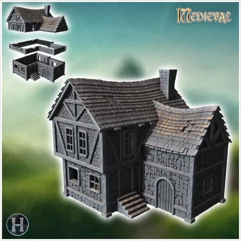 Spacious medieval house with detailed stonework and asymmetrical roof (20) - Medieval Gothic Feudal Old Archaic Saga 28mm 15mm RPG by Hartolia Miniatures
