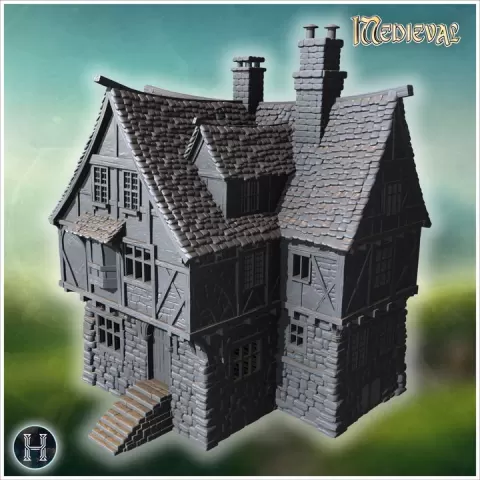 Compact townhouse with multiple chimneys, steep gabled roofs, and wooden balcony railing (50) - Medieval Gothic Feudal Old Archaic Saga 28mm 15mm RPG by Hartolia Miniatures