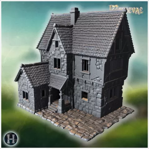 Small rural house with a thatched roof, timber framing, and detailed wooden porch elements (51) - Medieval Gothic Feudal Old Archaic Saga 28mm 15mm RPG by Hartolia Miniatures