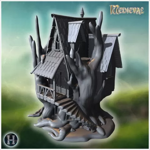 Gothic house elevated on twisted roots with steep rooflines and intricate wooden detailing (47) - Medieval Gothic Feudal Old Archaic Saga 28mm 15mm RPG by Hartolia Miniatures