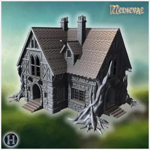 Manor house with gnarled roots spreading over stone foundation, intricate wooden designs (49) - Medieval Gothic Feudal Old Archaic Saga 28mm 15mm RPG by Hartolia Miniatures