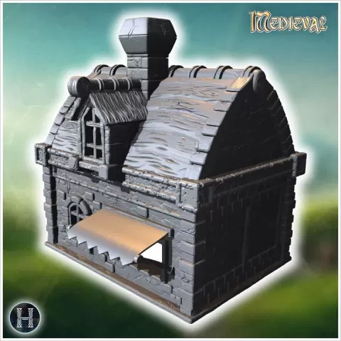 Small stone building with rounded roof, chimney, arched windows, and wooden awning over the entrance (13) - Medieval Gothic Feudal Old Archaic Saga 28mm 15mm RPG by Hartolia Miniatures