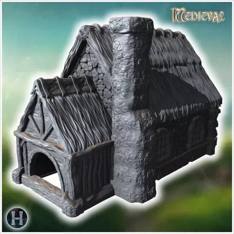 Stone cottage with thatched roof, garden of pumpkins, and wooden extension attached to the side (12) - Medieval Gothic Feudal Old Archaic Saga 28mm 15mm RPG by Hartolia Miniatures