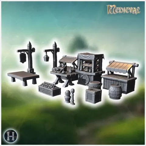 Market stalls with crates, barrels, lantern posts, wooden counters, and detailed canopy coverings (9) - Medieval Gothic Feudal Old Archaic Saga 28mm 15mm RPG by Hartolia Miniatures
