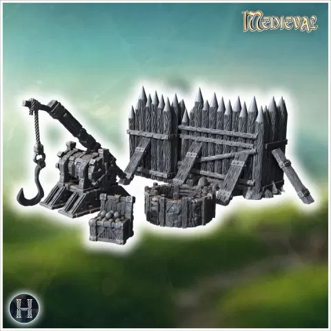 Wooden medieval crane with hook, wooden barricade, stone well, and wooden crate of cannonballs (8) - Medieval Gothic Feudal Old Archaic Saga 28mm 15mm RPG by Hartolia Miniatures