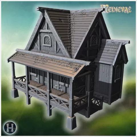 Rustic wooden cabin with wide porch, worn planks, and creeping vegetation accents (24) - Medieval Gothic Feudal Old Archaic Saga 28mm 15mm RPG by Hartolia Miniatures
