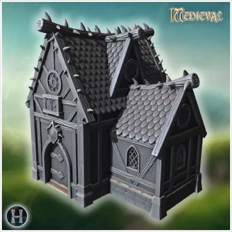 Medieval building with reinforced wooden beams and decorative spiked rooftops (22) - Medieval Gothic Feudal Old Archaic Saga 28mm 15mm RPG by Hartolia Miniatures