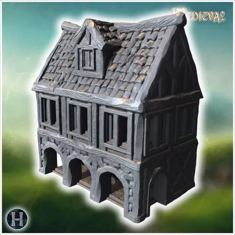Wooden house with stone foundation, large chimney, steep roof, and double wooden doors (40) - Medieval Gothic Feudal Old Archaic Saga 28mm 15mm RPG by Hartolia Miniatures