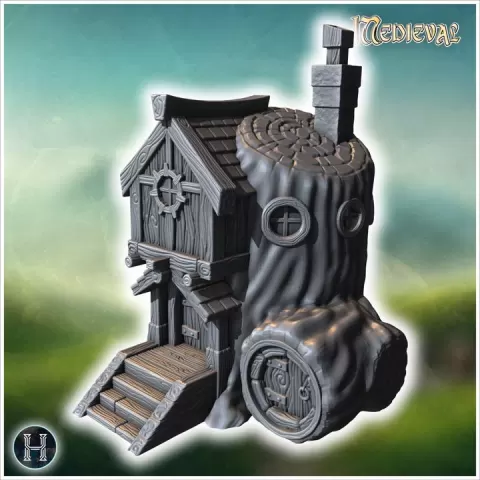 Fantasy treehouse with wooden stairs, circular door, carved details, and a large hollow tree trunk (30) - Medieval Gothic Feudal Old Archaic Saga 28mm 15mm RPG by Hartolia Miniatures