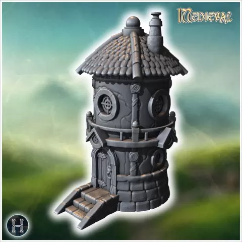 Round stone tower with conical tiled roof, ornate balcony, wooden door, and circular windows (31) - Medieval Gothic Feudal Old Archaic Saga 28mm 15mm RPG by Hartolia Miniatures