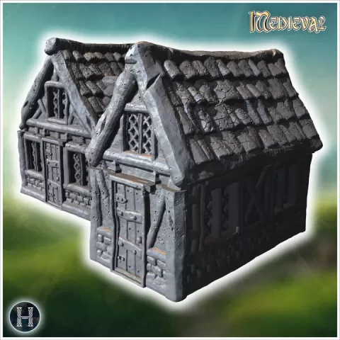 Two-story half-timbered building with multiple windows, intricate roof details, and wooden doors (39) - Medieval Gothic Feudal Old Archaic Saga 28mm 15mm RPG by Hartolia Miniatures