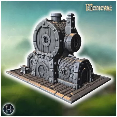 Industrial-style house with cylindrical design, riveted metal plates, circular windows, and wooden planks (29) - Medieval Gothic Feudal Old Archaic Saga 28mm 15mm RPG by Hartolia Miniatures