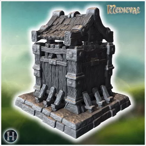 Small fortified wooden building with reinforced beams, detailed roof, and solid stone base structure (26) - Medieval Gothic Feudal Old Archaic Saga 28mm 15mm RPG by Hartolia Miniatures