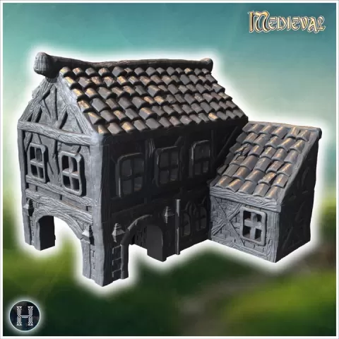 Large wooden building with arched entry, small annex, and detailed roof tiles (38) - Medieval Gothic Feudal Old Archaic Saga 28mm 15mm RPG by Hartolia Miniatures