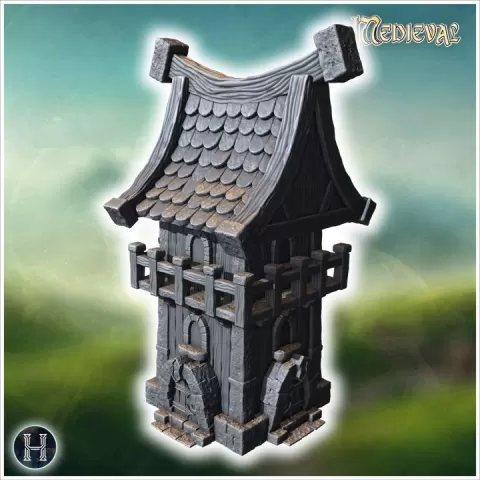 Tall wooden watchtower with stone base, curved roof, fortified railing, and arched entryway (32) - Medieval Gothic Feudal Old Archaic Saga 28mm 15mm RPG by Hartolia Miniatures