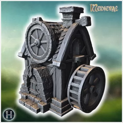 Watermill with large wooden wheel, stone foundation, shingled roof, and detailed wooden supports (27) - Medieval Gothic Feudal Old Archaic Saga 28mm 15mm RPG by Hartolia Miniatures