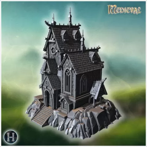 Gothic house with spiked roofs, tall windows, and intricate architectural details (21) - Medieval Gothic Feudal Old Archaic Saga 28mm 15mm RPG by Hartolia Miniatures