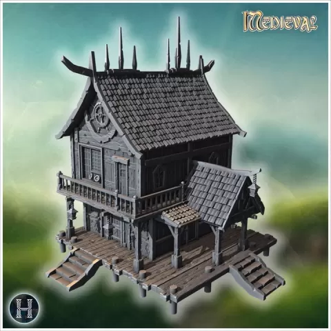 Traditional pirate house with wooden pillars, large shingled roof, and dockside pier (15) - Medieval Gothic Feudal Old Archaic Saga 28mm 15mm RPG by Hartolia Miniatures