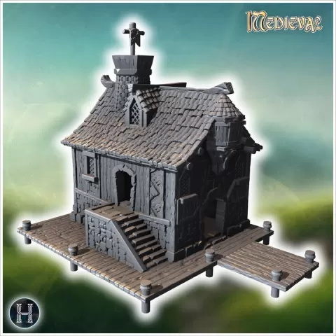 Old wooden pirate house with stone stairs, chimney, and dockside platform for mooring (9) - Medieval Gothic Feudal Old Archaic Saga 28mm 15mm RPG by Hartolia Miniatures