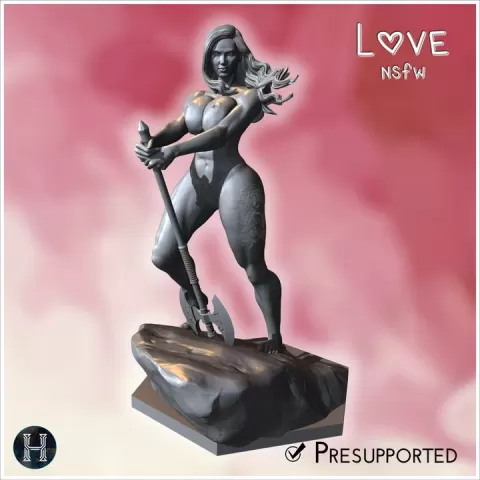 Warrior standing barefoot, holding a two-handed axe, wearing minimal clothing on a rocky base (NSFW) (34) - Medieval Fantasy Magic Feudal Old Archaic Saga 28mm 15mm by Hartolia Miniatures