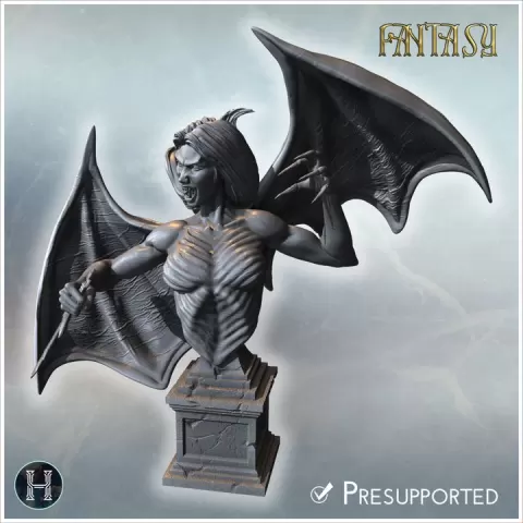 Bat-winged vampire woman with talons, spread wings, and fierce expression on rocky base (26) - Medieval Fantasy Magic Feudal Old Archaic Saga 28mm 15mm by Hartolia Miniatures