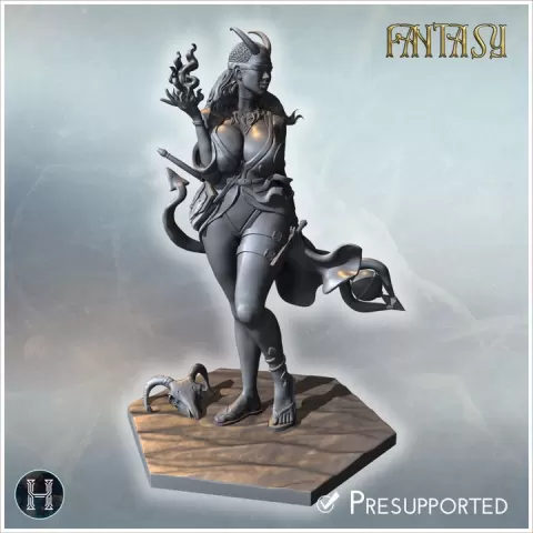 Succubus with horns and flowing hair holding a flame, standing on hexagonal sandy base (20) - Medieval Fantasy Magic Feudal Old Archaic Saga 28mm 15mm by Hartolia Miniatures