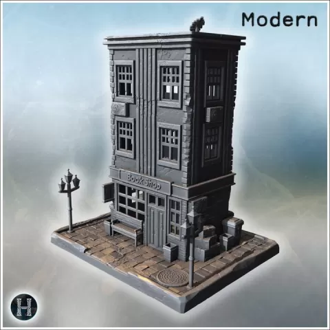 Old bookshop with large windows, brick façade, benches, streetlights, and various exterior details (2) - Modern WW2 WW1 World War Diaroma Wargaming RPG Mini Hobby by Hartolia Miniatures