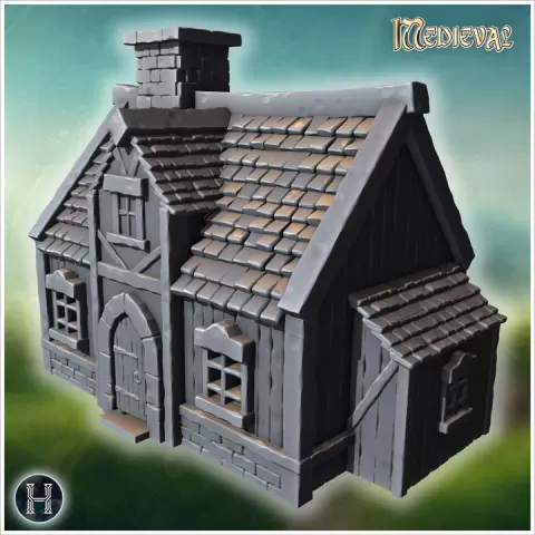 Small wooden cottage with stone foundation, detailed shingled roof, and chimney (13) - Medieval Gothic Feudal Old Archaic Saga 28mm 15mm RPG by Hartolia Miniatures