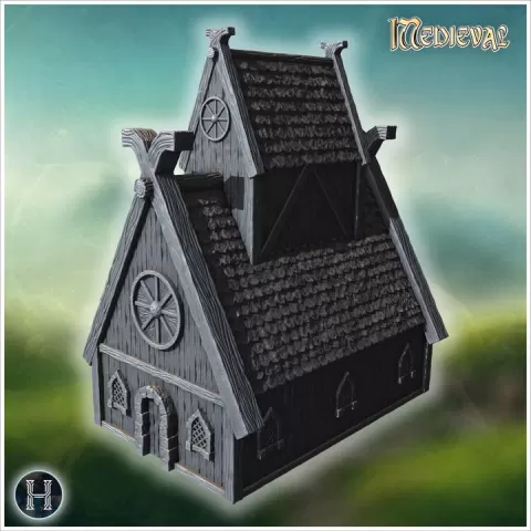 Traditional wooden hall with steep roof, reinforced framework, and decorative woodwork (7) - Medieval Gothic Feudal Old Archaic Saga 28mm 15mm RPG by Hartolia Miniatures
