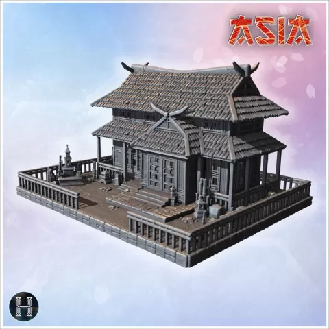 Large Japanese house with symmetrical tiled roof, wooden pillars, and decorative stone accents (14) - Asian Asia Oriental Angkor Ninja Traditionnal RPG Mini by Hartolia Miniatures