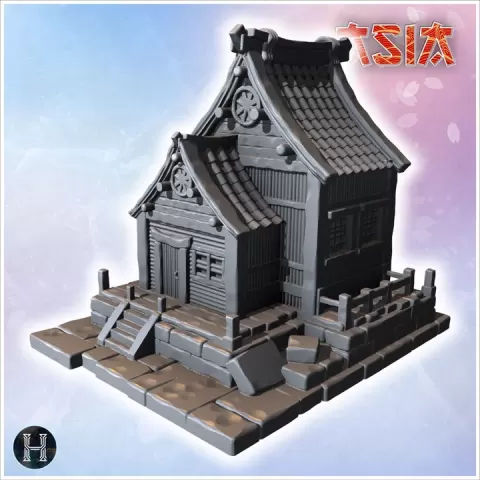 Tall Japanese-style building with tiered roofs, wooden supports, and decorative architectural details (7) - Asian Asia Oriental Angkor Ninja Traditionnal RPG Mini by Hartolia Miniatures