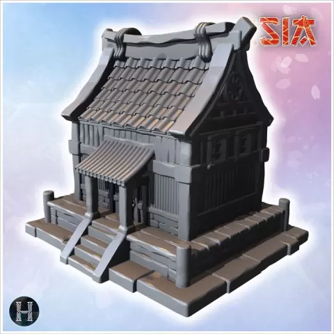 Traditional Japanese structure with wooden porch, stone base, and intricately designed roof (6) - Asian Asia Oriental Angkor Ninja Traditionnal RPG Mini by Hartolia Miniatures