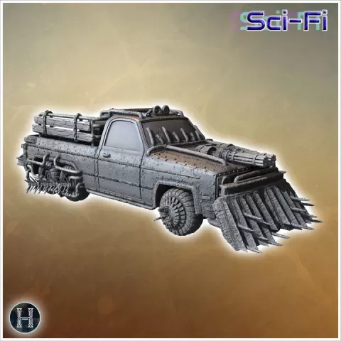 Armored pickup truck with front-mounted spikes, large gun turret, and reinforced tires (32) - Future Sci-Fi SF Post apocalyptic Tabletop Scifi Wargaming Planetary exploration RPG Terrain by Hartolia Miniatures