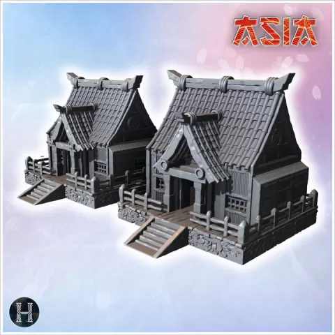 Traditional Japanese houses with wooden railings, steep tiled roofs, and stone foundations (2) - Asian Asia Oriental Angkor Ninja Traditionnal RPG Mini by Hartolia Miniatures