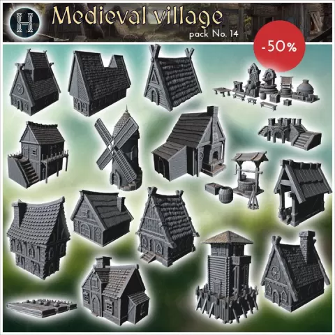 Medieval village pack No. 14 - Medieval Gothic Feudal Old Archaic Saga 28mm 15mm RPG by Hartolia Miniatures