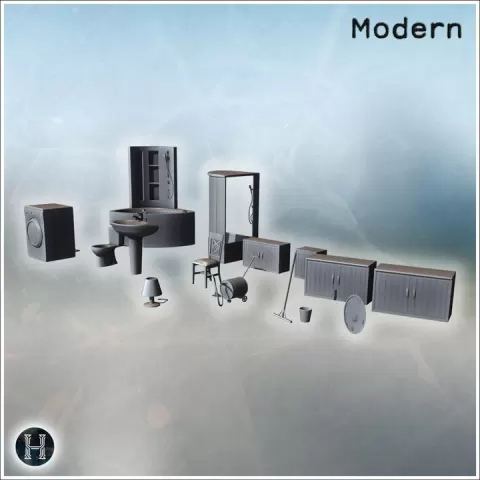 Bathroom set with washing machine, bathtub, sink, toilet, cabinets, and various accessories (15) - Modern WW2 WW1 World War Diaroma Wargaming RPG Mini Hobby by Hartolia Miniatures