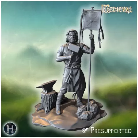 Blacksmith figure holding a hammer and banner, standing beside an anvil and tools (1) - Medieval Gothic Feudal Old Archaic Saga 28mm 15mm RPG by Hartolia Miniatures