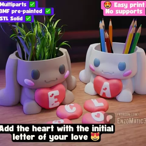 Cinnamoroll with Heart (Dedicated Lyrics) - flower pot, Organizer, pencil holder - 3MF, STL - Multiparts - Print in place, No Support by EnzoMatic3D