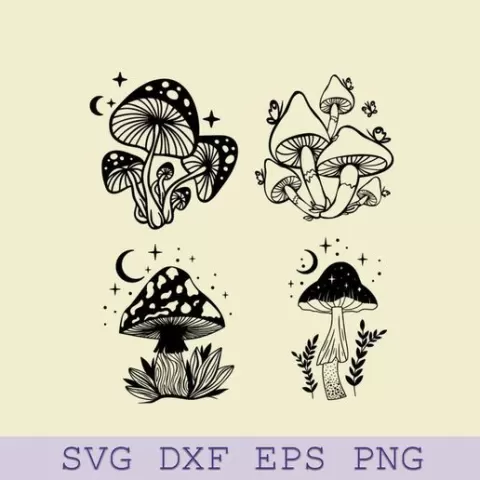 Mystical Mushroom Silhouette SVG, Mystical Mushroom With Moon and Stars SVG