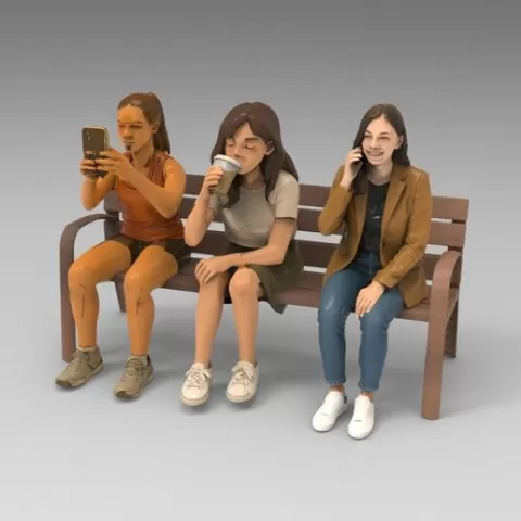 Three Girls Sitting on Urban Bench 1/32 Scale – Realistic Group Figure for Diorama and Slot Car Scenery