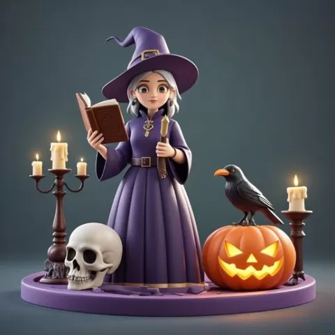 2738 Halloween Witch with Spell book, Skull, Raven and Pumpkin - Color 3D Model on Pedestal, Halloween, magic, spider, mask, gnome, gorgon, wild, bat, monster, mutant, fair, witch, werewolf, horror, beast, mutant spider, skeleton, skull