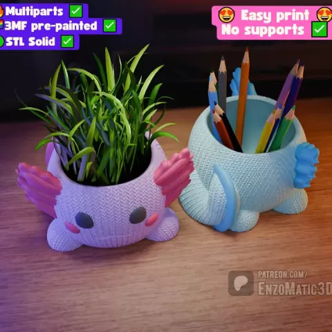 knitted axolotl - flower pot, planter, pencil holder - 3MF, STL - Multiparts - Print in place, No Support by EnzoMatic3D