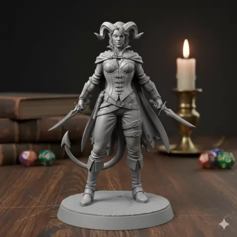 Dual Wielding Female Tiefling Rogue Miniature STL - High-Detail Horned Assassin Figure