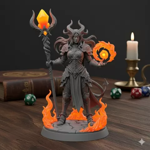 Tiefling Sorceress Miniature STL - High-Detail Armored Female Figure